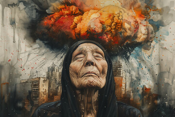 Watercolor illustration. The prophetic visions of the old lady. Generative AI image.	