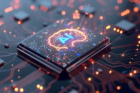 AI Brain Chip brainwave translator. Artificial Intelligence text processing mind neurofeedback axon. Semiconductor neural feedback control circuit board motherboard
