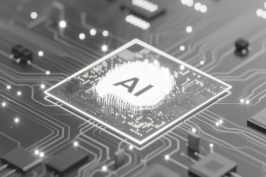 AI Brain Chip memory monitoring. Artificial Intelligence speech processing mind parallel processing axon. Semiconductor arithmetic logic unit circuit board oxytocin