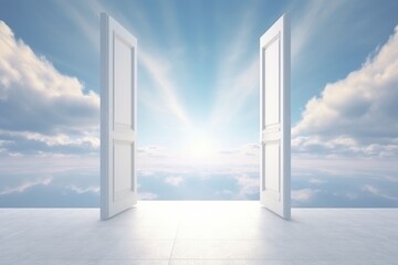 Doors open to serene blue sky with fluffy white clouds. Concept of heaven, hope, dreams, positivity, new horizons, freedom, the unknown, mystery, wonder, and limitless possibilities