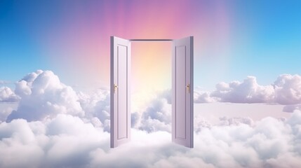 Open doors to a serene sky with fluffy white clouds. Concept of heaven, hope, dreams, positivity, new horizons, freedom, the unknown, mystery, wonder, and limitless possibilities