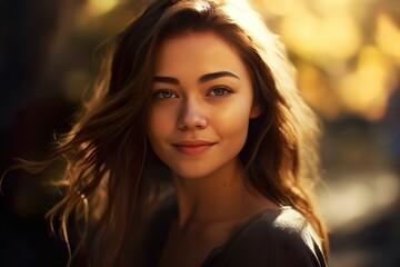 Young Woman with Radiant Smile in Sunlit Outdoor Setting 
