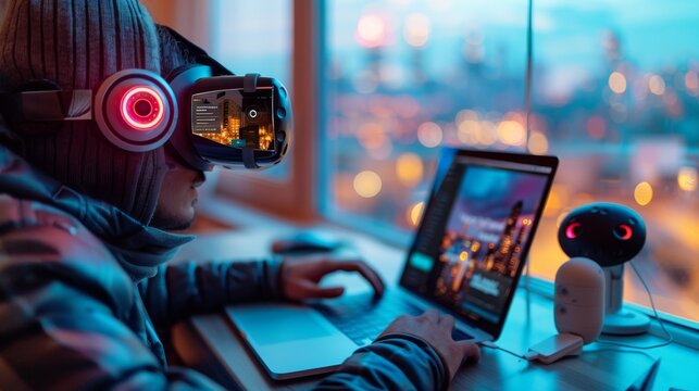 Woman Using Virtual Reality Headset at Home Office. Generative AI