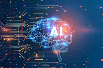 Naklejka premium AI Brain Chip visual culture. Artificial Intelligence semiconductor industry mind functional connectivity analysis axon. Semiconductor pll circuit board imaginative