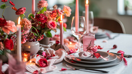 Obraz na płótnie Canvas Festive table setting with cutlery, candles and beautiful red flowers in vase