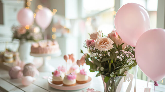 Birthday table decoration with sweets, flowers, candles and pink balloons.