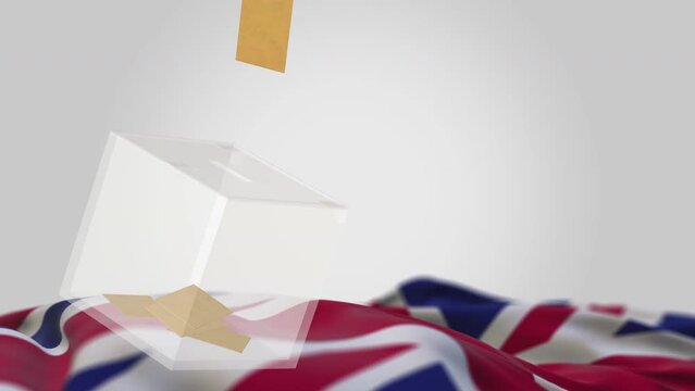 Election in United Kingdom, voting envelope flying into glass ballot box over flat laid waving British Union Jack flag on blank white background, copy space. Horizontal 3d render animation design. Dem