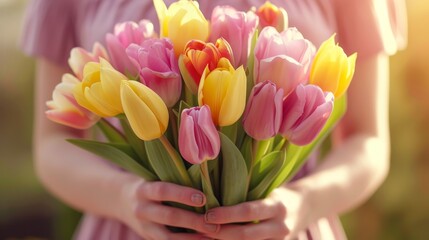 Close up shot of woman s hands holding a beautiful and vibrant bouquet of colorful tulips