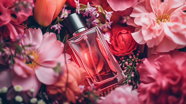 Perfume bottle with beautiful flowers. Beauty concept. Flat lay, top view