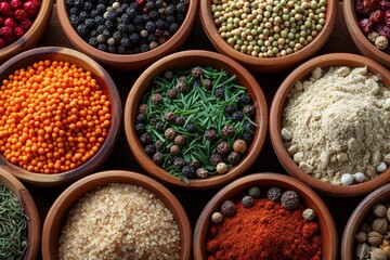 A diverse array of organic spices and ingredients, including turmeric, pepper, and coriander, for healthy cooking.