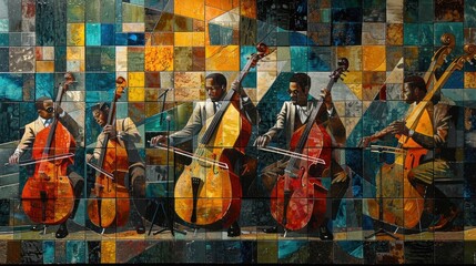 A cubist artwork of cellists in performance - obrazy, fototapety, plakaty
