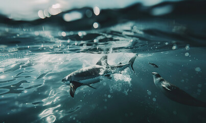 Great white shark underwater swimming and hunting for seals with seal behind. Underwater photography natural shot