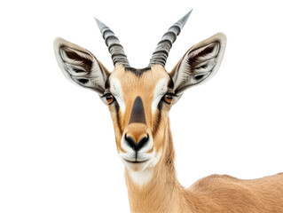 A graceful antelope with symmetrical horns and striking facial markings, gazing calmly forward.
