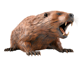 Fierce beaver with bared teeth, mid-growl, displaying its long, sharp incisors.