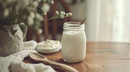 Obraz na płótnie Canvas White yogurt in a glass jar on the table.