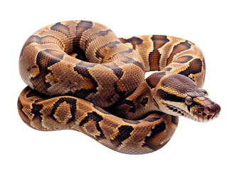 A boa constrictor resting curled up on transparent background.
