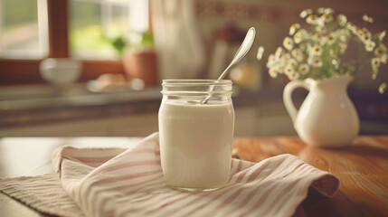 Obraz na płótnie Canvas White yogurt in a glass jar on the table.