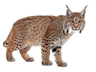 A side view of a bobcat with prominent spots and tufted ears.