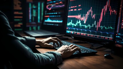 A dynamic composition featuring hands typing rapidly on a keyboard while multiple screens display evolving stock market charts and graphs. - obrazy, fototapety, plakaty