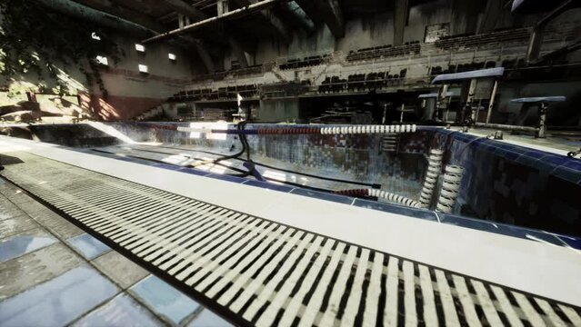 An empty swimming pool in a large building