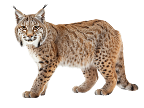 A side view of a bobcat with prominent spots and tufted ears.