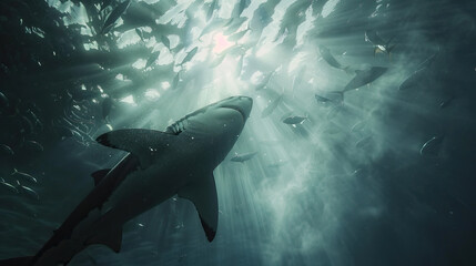 Obraz premium Great white shark swimming with crepuscular rays, god rays, penetrating the surface of the water. Wildlife photography, realistic, natural high-end shot
