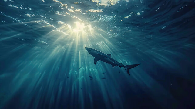 Great white shark swimming with crepuscular rays, god rays, penetrating the surface of the water. Wildlife photography, realistic, natural high-end shot