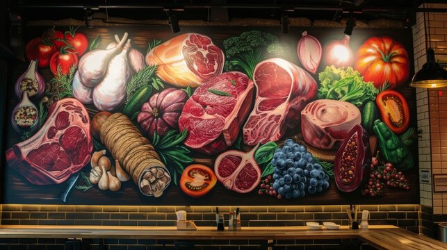 Mural various meats. Wall paint for cafe and restaurant