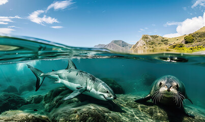 Great white shark underwater swimming and hunting for seals with seal swimming in front. Underwater photography natural shot