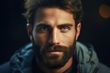 Fototapeta premium Rugged Man with Intense Gaze and Beard in Soft Evening Light 