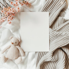 Blank card with teddy bear and spring flowers, ideal for baby events.