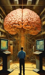In the center of the room, a colossal human brain is intricately connected to advanced computers housed in the surrounding racks by millions of wires. This extraordinary Brain possesses two eyes that 