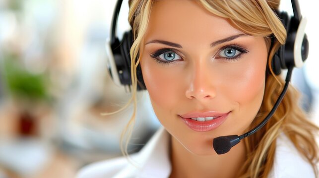 Female customer service rep in headset aids clients online, isolated on white with room for text.