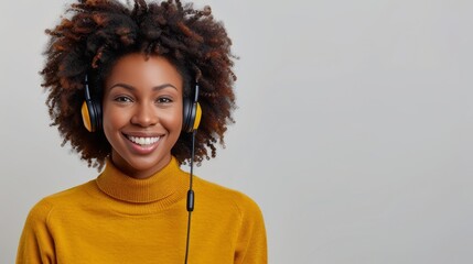 Female call center agent in headset assisting online, white background with room for text placement. - obrazy, fototapety, plakaty