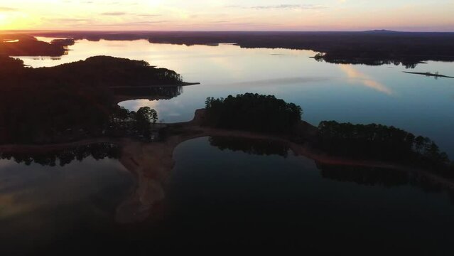 Aerial view of serene lake at sunset, Appling, Georgia, United States.