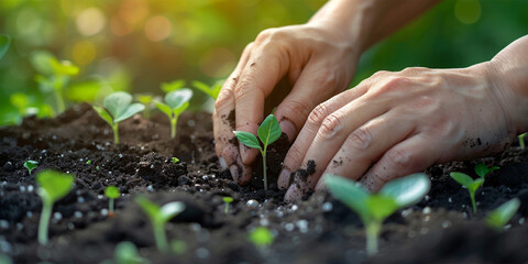 A man's hands sow hope, cultivating strength and perseverance in the earth.