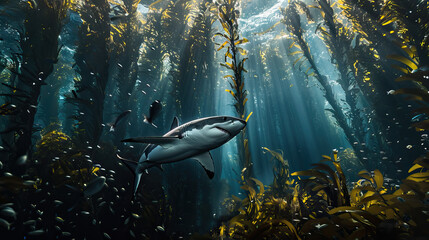 Great white shark swimming through a kelp forest in the ocean with crepuscular rays penetrating the surface of the water. Natural habitat in decline due to global warming increasing ocean temperatures - obrazy, fototapety, plakaty