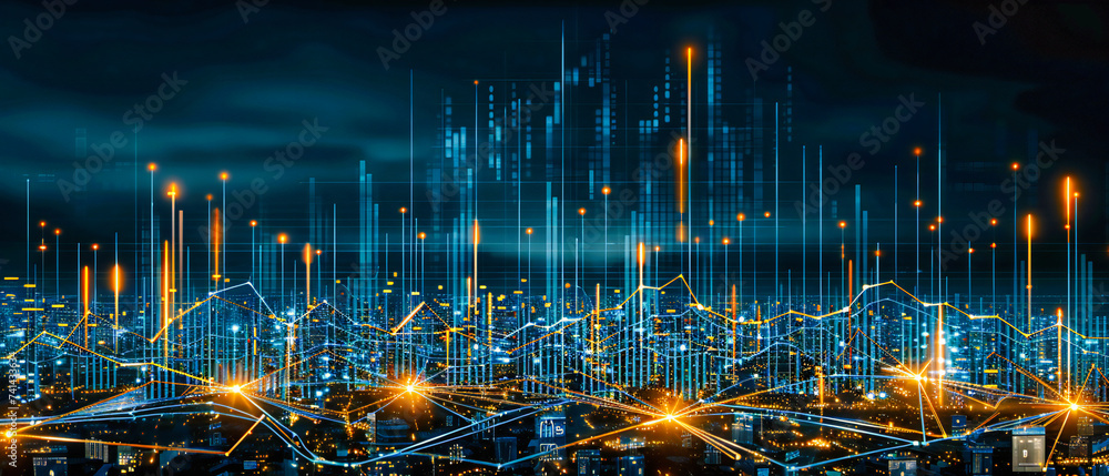 Poster digital cityscape and technology network concept, merging urban architecture with futuristic connect