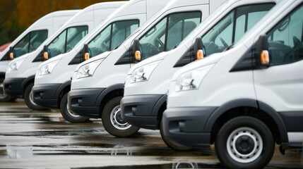 Obraz premium Row of new white vans in parking bay ready for work with blurred warehouse background and copy space