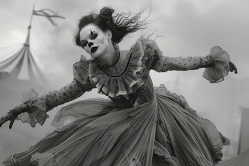 ilustración  de cuerpo entero de una hermosa mujer vestida de payaso en circo terrorífico - obrazy, fototapety, plakaty
