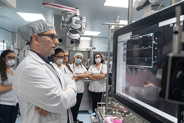 cirujanos trabajando en una cirugía innovadora junto a un grupo de asistentes en la operación  - obrazy, fototapety, plakaty