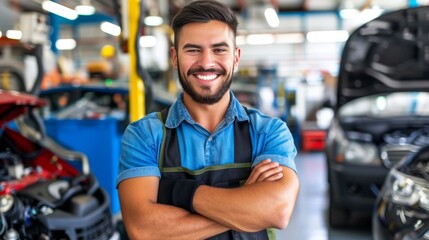 Skilled male auto mechanic confidently working in a professional car service garage workshop