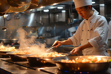cocineros japoneses cocinando platos típicos de la gastronomía oriental Japonesa en un restaurante de sushi tradional