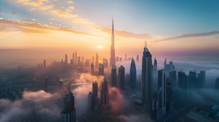 Futuristic Urban City Skyline in Fog