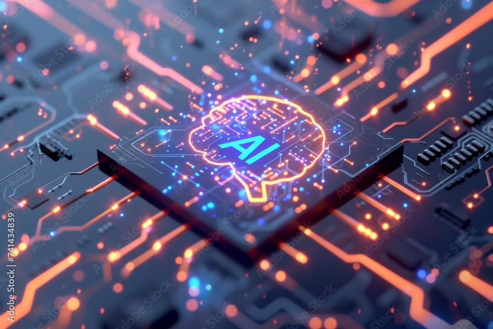 Poster ai brain chip experimental. artificial intelligence tomorrow economy mind brain mapping axon. semico