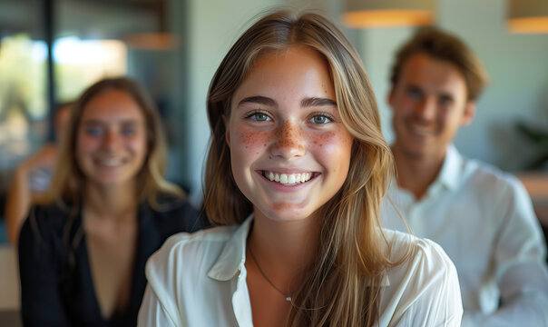 Group of smiling, happy and confident young business interns starting an internship at a private sector company. Candid modern contemporary isolated shot in an office setting, natural light and bokeh