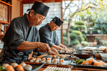 cocineros japoneses cocinando platos típicos de la gastronomía oriental Japonesa en un restaurante de sushi contemporáneo