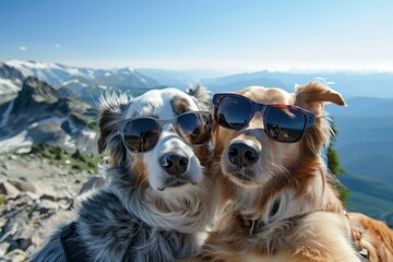 Dogs with sunglasses taking selfies on top of a mountain during a hike
