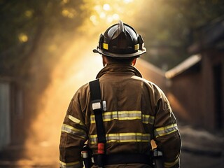 Fototapeta premium Back view of a firefighter with wearing safety gadgets, daytime, active sunlight effect, rescue man.