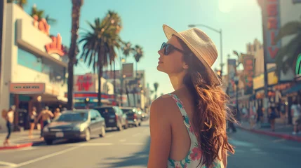Fotobehang Beautiful tourist young woman walking in Los Angeles city street in California, USA, tourism travel holiday vacations concept in United States of America © BeautyStock